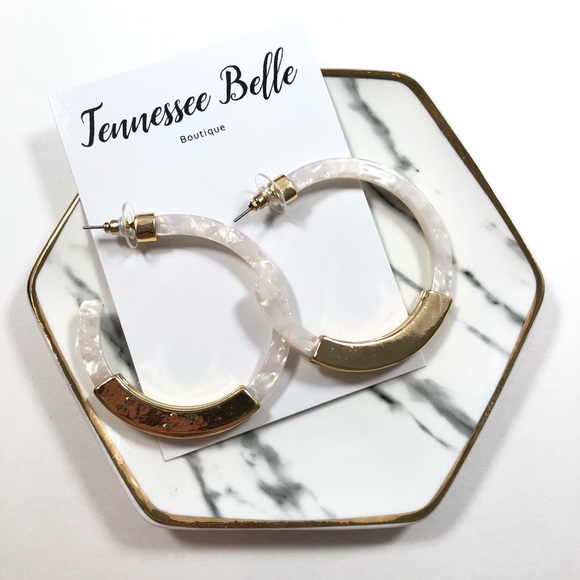 Cora Acrylic White TortoiseShell Gold Bar Earrings - Picture 2 of 6